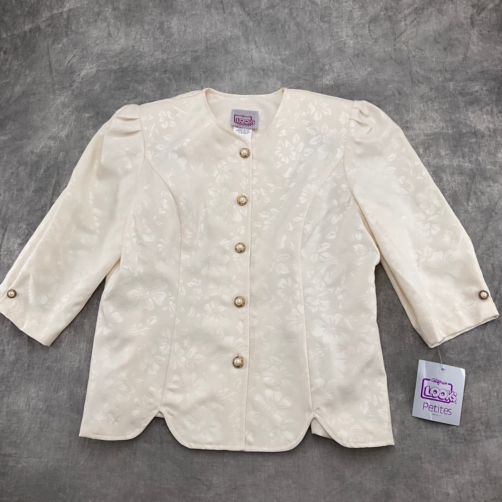 California Looks Jacket Women 10P Ivory Damask Gold Buttons VTG‎ 90s Formal